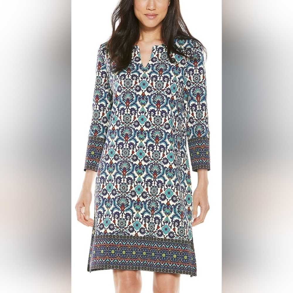 NWOT. Coolibar Blue, Teal & White Medallion Print Dress UV PROTECTION